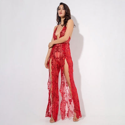 Bad Gal Red Sequin Split Leg Jumpsuit - Fashion Genie Boutique