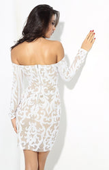 Babe Status White & Nude Long Sleeve Sequin Mini Dress - Fashion Genie Boutique