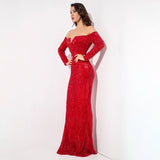 Dressed To Thrill Red Sequin Bardot Maxi Dress - Fashion Genie Boutique