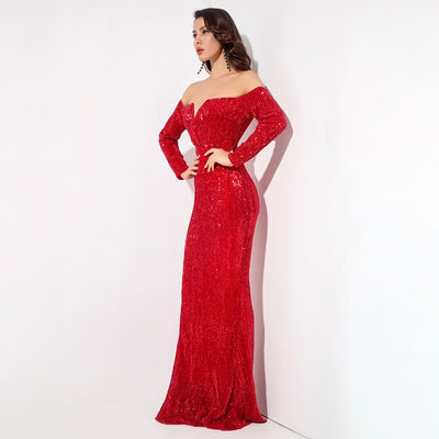 Dressed To Thrill Red Sequin Bardot Maxi Dress - Fashion Genie Boutique