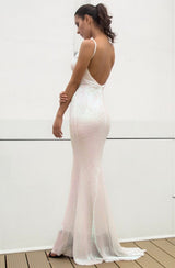 Cotton Candy White Iridescent Sequin Fishtail Maxi Dress - Fashion Genie Boutique