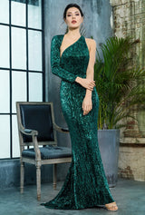 Luxury Night Green Sequin One Shoulder Maxi Gown Dress - Fashion Genie Boutique