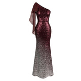 Oh My Posh Burgundy & Silver Sequin Gradient One Shoulder Maxi Gown Dress - Fashion Genie Boutique