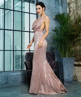 Alabama Rose Gold Cowl Neck Sequin Maxi Fishtail Dress - Fashion Genie Boutique