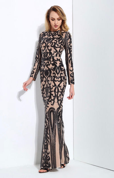 Graceful Black Sequin Long Sleeve Fishtail Maxi Dress - Fashion Genie Boutique