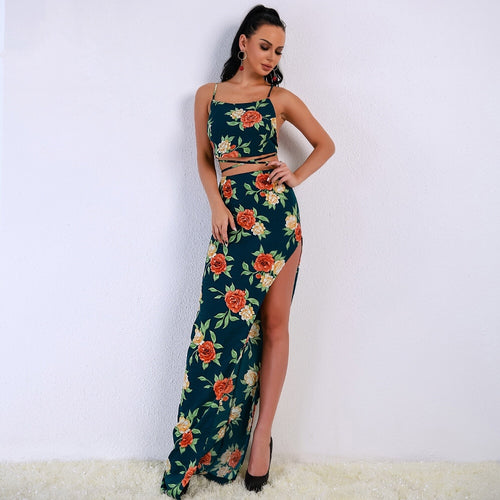 Kiki Green Floral Print Skirt Crop Top Co-Ord - Fashion Genie Boutique