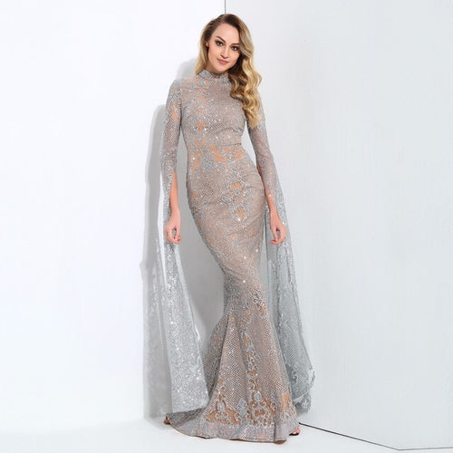 Queen Of The Night Silver Glitter Fishtail Maxi Dress - Fashion Genie Boutique