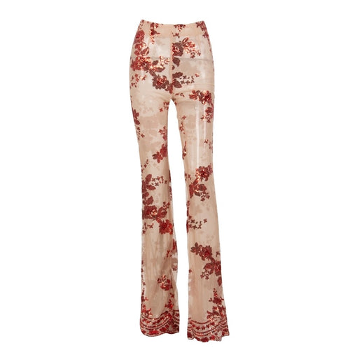 Little Wonder Red Sequin Mesh High Waisted Trousers - Fashion Genie Boutique