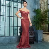 Little Treasure Burgundy Bardot Glitter Fishtail Maxi Gown Dress - Fashion Genie Boutique