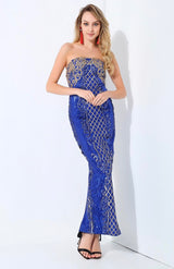 A Long Affair Blue & Gold Sequin Strapless Maxi Dress - Fashion Genie Boutique