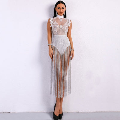 Gamble On Me White Mesh Sequin Fringe Bodysuit - Fashion Genie Boutique
