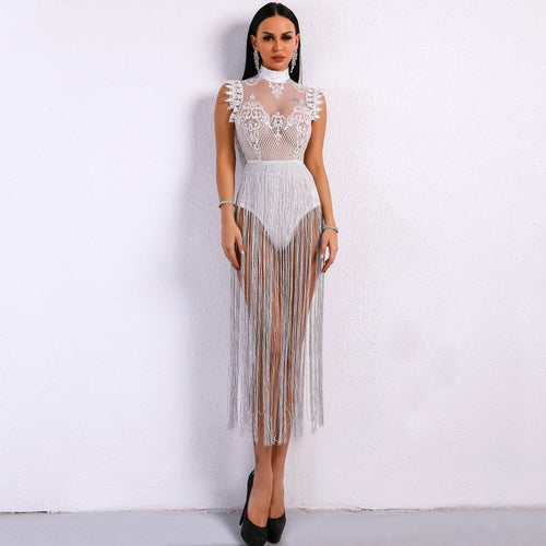 Gamble On Me White Mesh Sequin Fringe Bodysuit - Fashion Genie Boutique