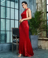 Luxury Night Red Sequin One Shoulder Maxi Gown Dress - Fashion Genie Boutique