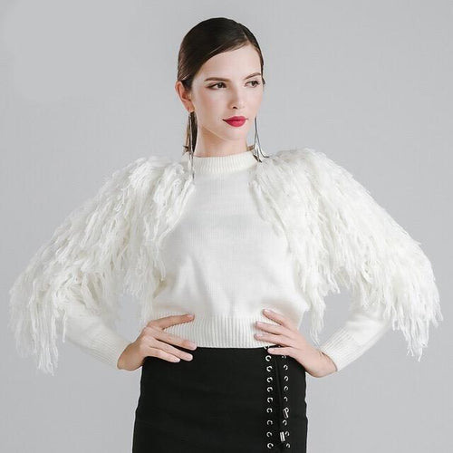 Fall in Love White Tassel Fringe Sleeved Cropped Jumper - Fashion Genie Boutique