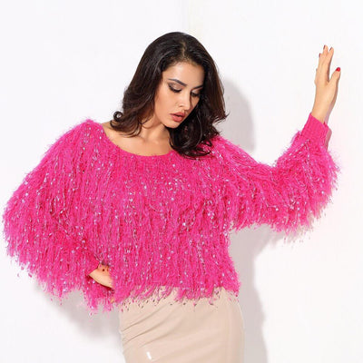 Heart Throb Hot Pink Fluffy Fringe Jumper - Fashion Genie Boutique