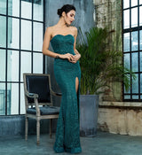 Steal The Show Green Strapless Glitter High Split Maxi Dress - Fashion Genie Boutique
