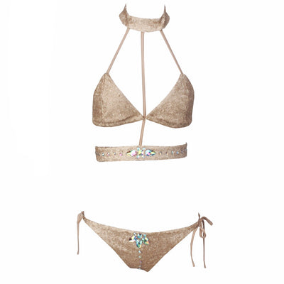 Rooftop Pool Gold Sequin Crystal Choker Bikini - Fashion Genie Boutique