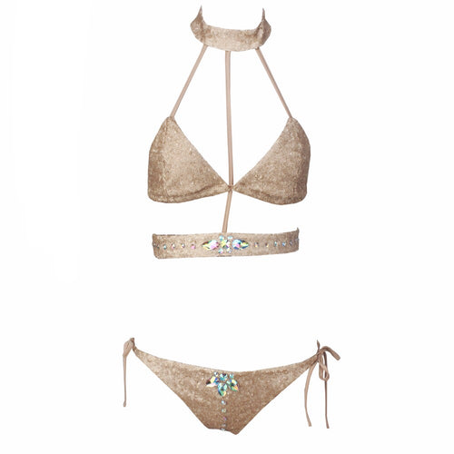 Rooftop Pool Gold Sequin Crystal Choker Bikini - Fashion Genie Boutique