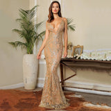 Summer Wedding Gold Glitter Embellished Maxi Fishtail Dress - Fashion Genie Boutique