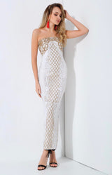 A Long Affair White & Gold Sequin Strapless Maxi Dress - Fashion Genie Boutique