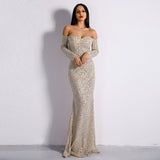 Pick of the Glitter Silver Long Sleeve Bardot Maxi Dress - Fashion Genie Boutique