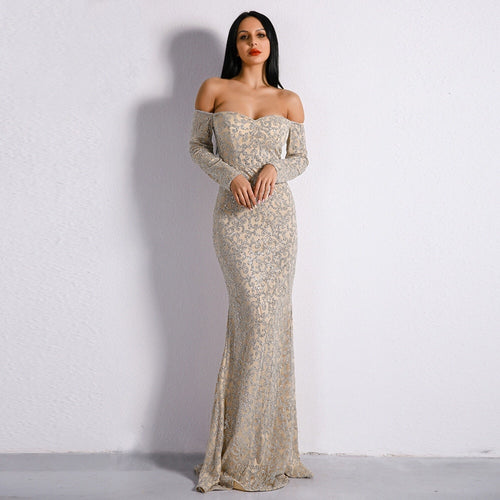 Pick of the Glitter Silver Long Sleeve Bardot Maxi Dress - Fashion Genie Boutique