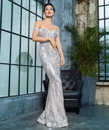 Sweetheart Silver Bardot Sequin Maxi Fishtail Dress - Fashion Genie Boutique