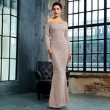 Molly Silver Bardot Glitter Embellished Long Sleeve Maxi Fishtail Dress - Fashion Genie Boutique