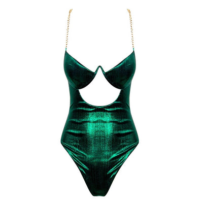 Say It Isn’t So Green Chain Strap Cut Out Bodysuit - Fashion Genie Boutique