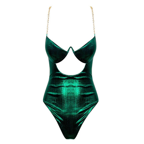 Say It Isn’t So Green Chain Strap Cut Out Bodysuit - Fashion Genie Boutique