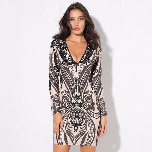 Gal Crush Black And Nude Sequin Long Sleeve Mini Dress - Fashion Genie Boutique