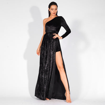 Just One Wish Black Velvet One Shoulder Long Sleeve Maxi Playsuit - Fashion Genie Boutique