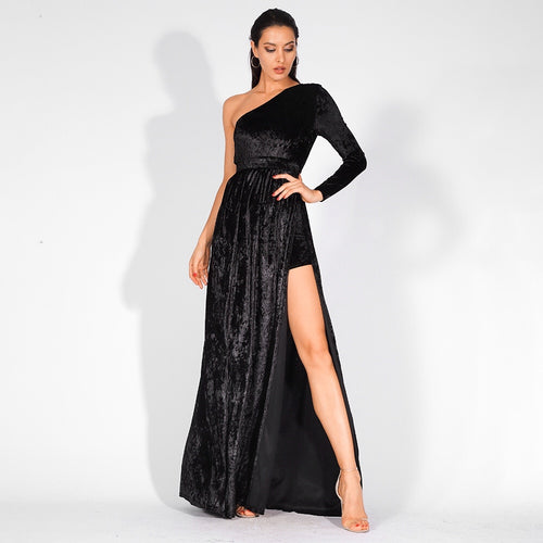 Just One Wish Black Velvet One Shoulder Long Sleeve Maxi Playsuit - Fashion Genie Boutique