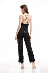 Ahead Of The Crowd Black Sequin Tassel Jumpsuit - Fashion Genie Boutique