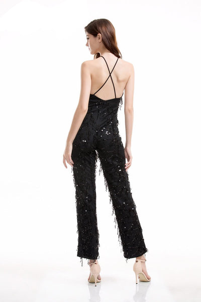 Ahead Of The Crowd Black Sequin Tassel Jumpsuit - Fashion Genie Boutique