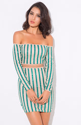Walk the Line Green Bardot Glitter Mini Dress - Fashion Genie Boutique