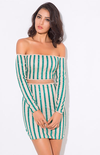 Walk the Line Green Bardot Glitter Mini Dress - Fashion Genie Boutique