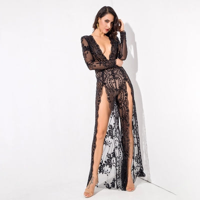 Lady Boss Black Sequin Long Sleeve Split Leg Jumpsuit - Fashion Genie Boutique