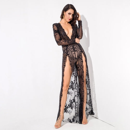 Lady Boss Black Sequin Long Sleeve Split Leg Jumpsuit - Fashion Genie Boutique