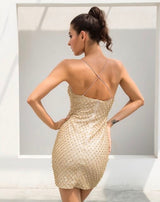 Golden Glory Gold Pearl & Glitter Embellished Mini Dress - Fashion Genie Boutique