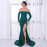 Memories Green Glitter Bardot Side Split Maxi Dress - Fashion Genie Boutique