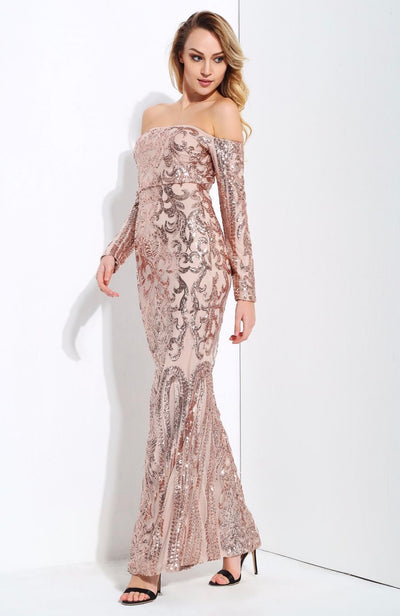 Invite To Shine Rose Gold Bardot Sequin Maxi Dress - Fashion Genie Boutique