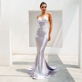 Sweet Lace Grey Satin Lace Maxi Fishtail Dress - Fashion Genie Boutique