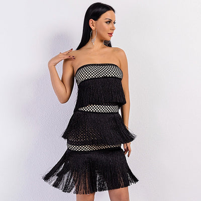 Pay Attention Black Fringe Strapless Mini Dress - Fashion Genie Boutique