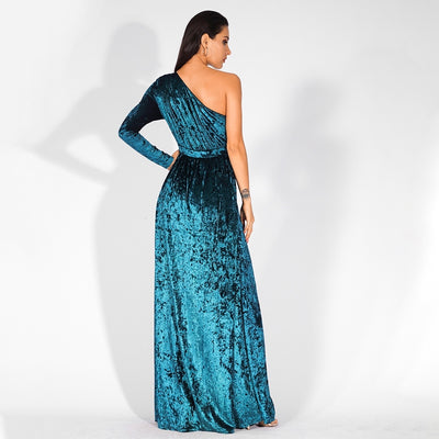 Just One Wish Green Velvet One Shoulder Long Sleeve Maxi Dress - Fashion Genie Boutique