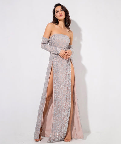 Princess Of Charm Silver Bardot Glitter Double Split Maxi Dress - Fashion Genie Boutique
