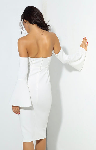 No Competition White Long Sleeve Bardot Midi Dress - Fashion Genie Boutique