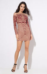 Meryl Red & Nude Glitter Long Sleeve Mini Dress - Fashion Genie Boutique