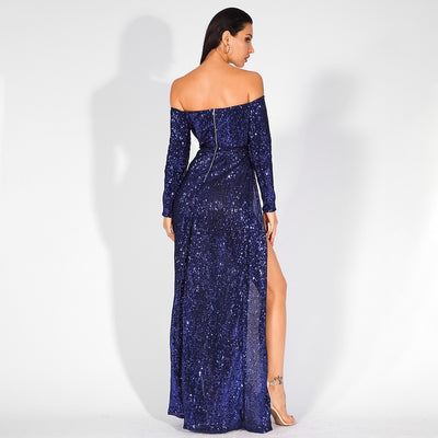 So Lavish Navy Sequin Bardot Double Split Maxi Dress - Fashion Genie Boutique