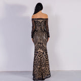 Natalina Black Sequin Bardot Long Sleeve Maxi Dress - Fashion Genie Boutique